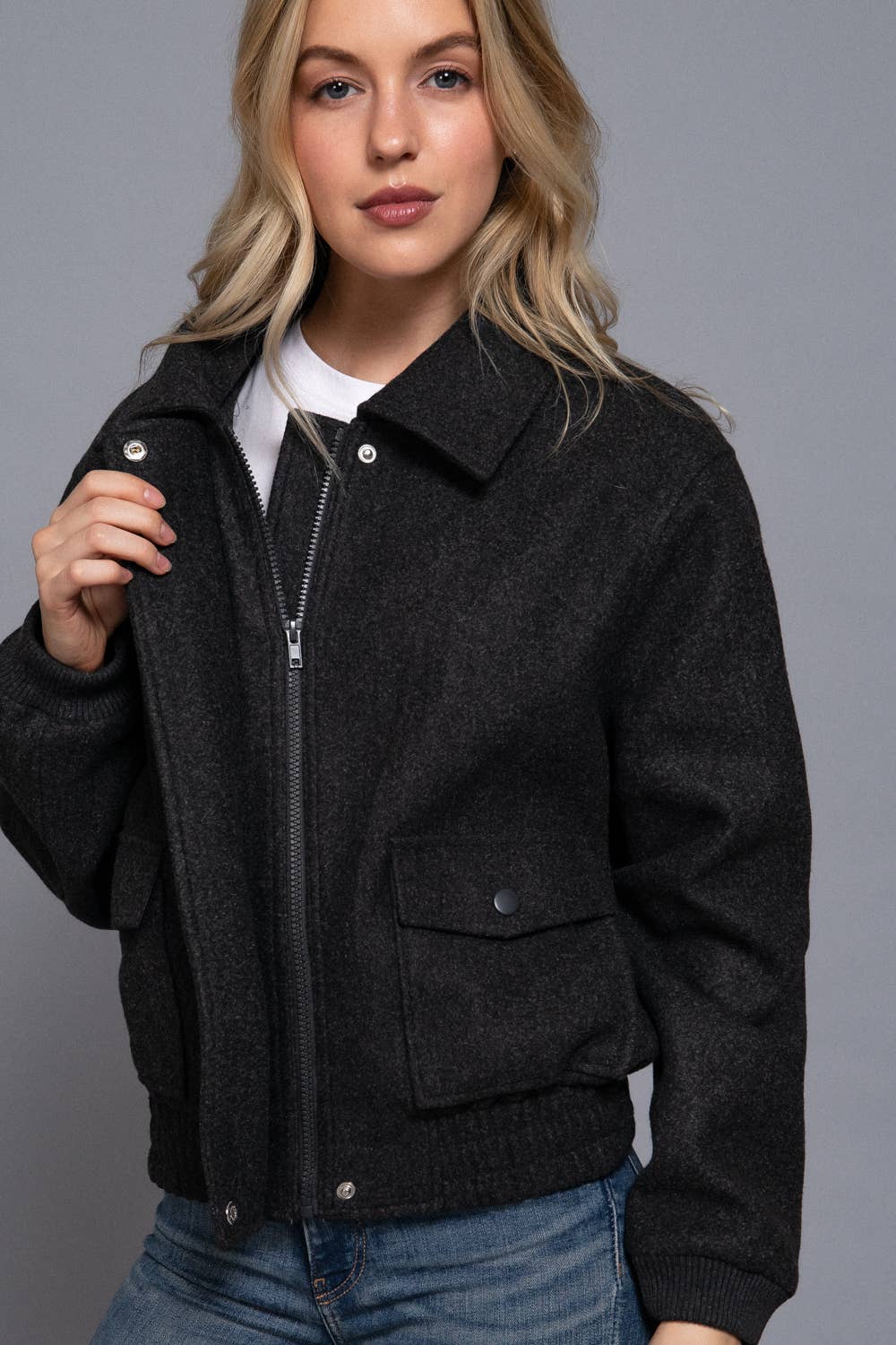 Long Sleeve Lapel Collar Soft Felt Bomber Jacket-Jackets-Krush Kandy, Women's Online Fashion Boutique Located in Phoenix, Arizona (Scottsdale Area)