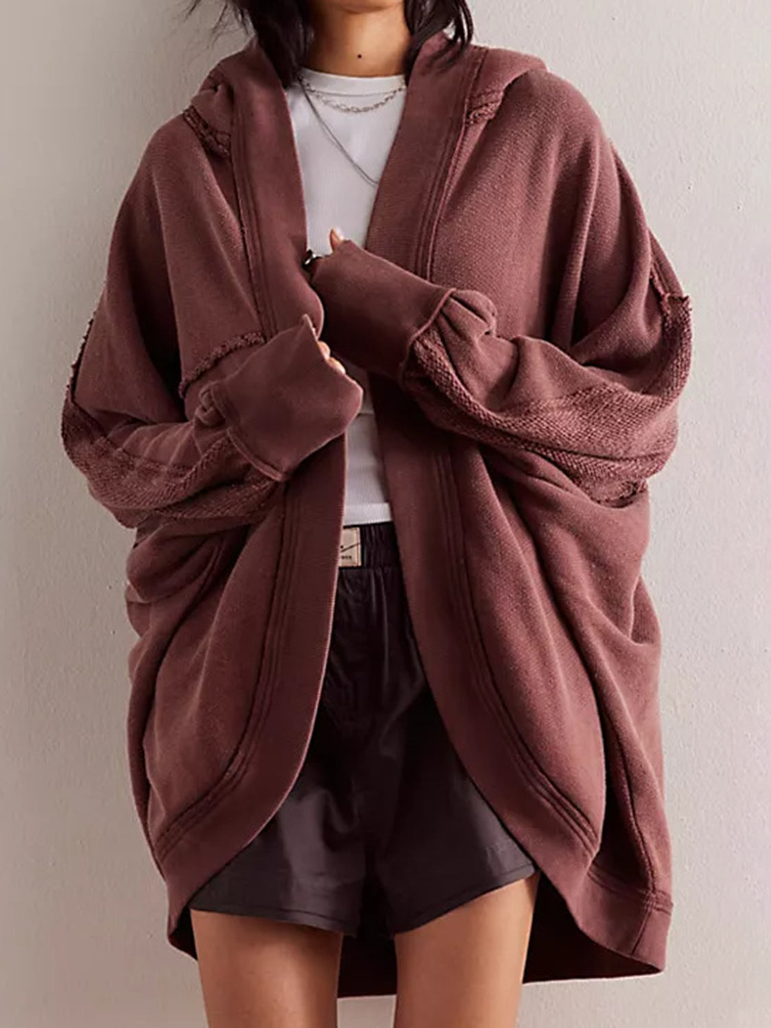 Exposed Seam Open Front Batwing Sleeve Hooded Cardigan-Krush Kandy, Women's Online Fashion Boutique Located in Phoenix, Arizona (Scottsdale Area)