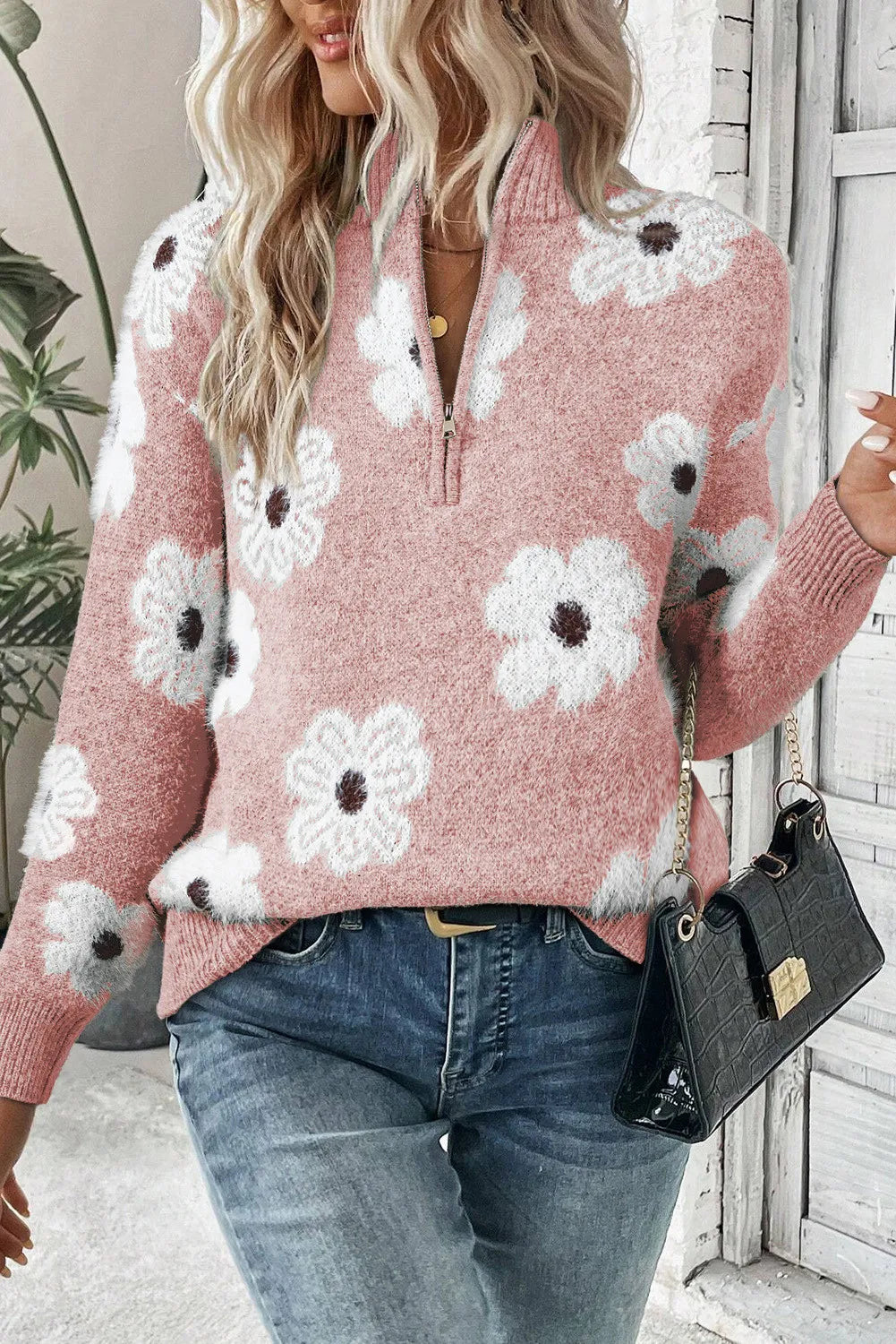 Flower Half Zip Long Sleeve Sweater-Sweaters-Krush Kandy, Women's Online Fashion Boutique Located in Phoenix, Arizona (Scottsdale Area)