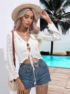 Openwork Drawstring V-Neck Long Sleeve Cover-Up-Tops-Krush Kandy, Women's Online Fashion Boutique Located in Phoenix, Arizona (Scottsdale Area)