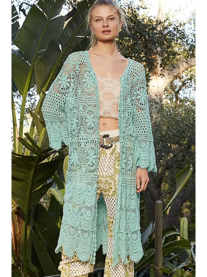 Crochet Bell Sleeve Long Open Cardigan-Kimono-Krush Kandy, Women's Online Fashion Boutique Located in Phoenix, Arizona (Scottsdale Area)