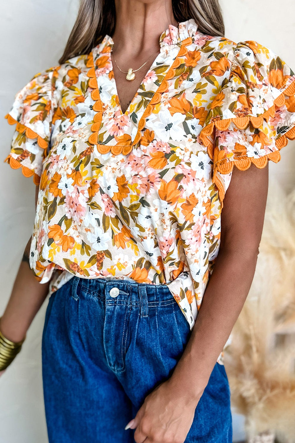 Ruffled Notched Short Sleeve Floral Blouse-Tops-Krush Kandy, Women's Online Fashion Boutique Located in Phoenix, Arizona (Scottsdale Area)