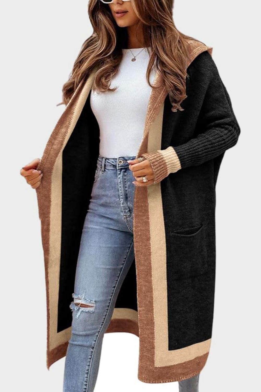 Pocketed Contrast Long Sleeve Hooded Cardigan-Krush Kandy, Women's Online Fashion Boutique Located in Phoenix, Arizona (Scottsdale Area)