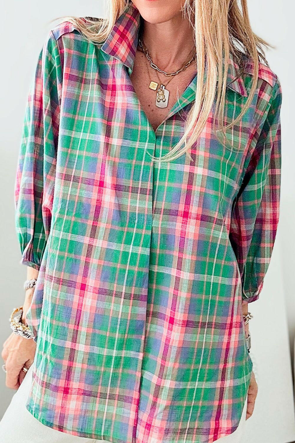 Pastel Plaid Button-Up Blouse-Blouses-Krush Kandy, Women's Online Fashion Boutique Located in Phoenix, Arizona (Scottsdale Area)