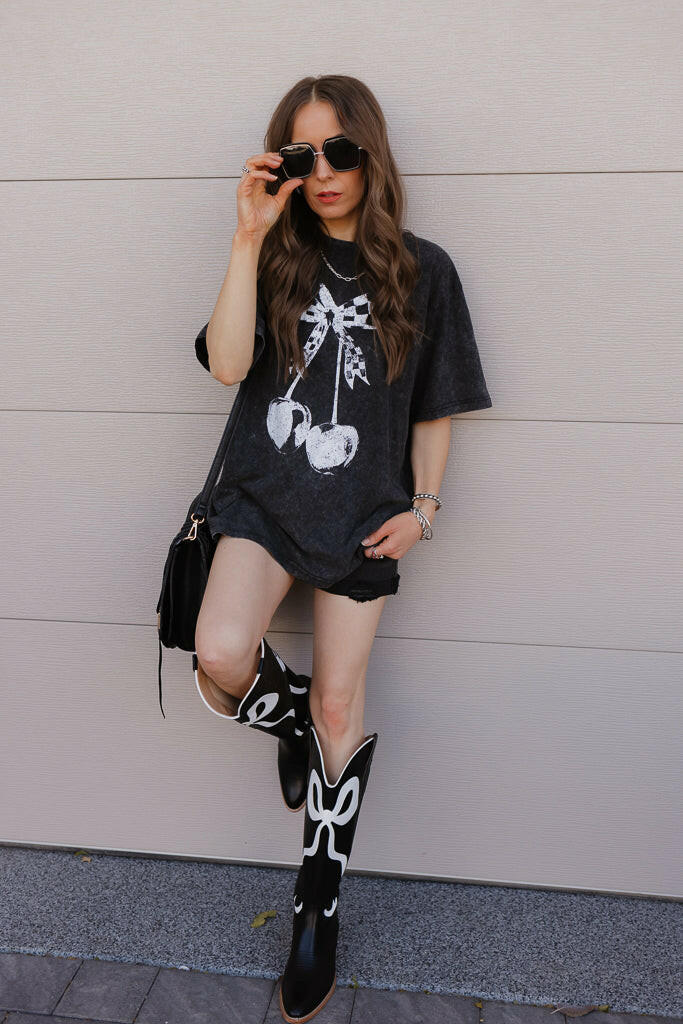 Checkered Bow Cherry Graphic MIneral Washed Boyfriend Tee-Graphic Tees-Krush Kandy, Women's Online Fashion Boutique Located in Phoenix, Arizona (Scottsdale Area)