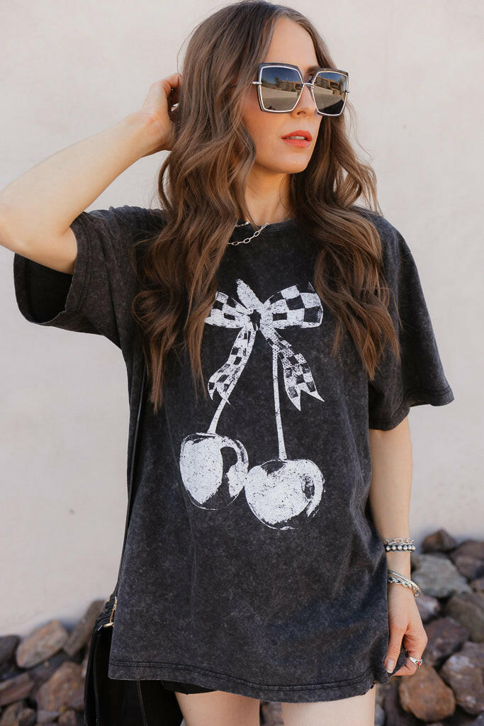 Checkered Bow Cherry Graphic MIneral Washed Boyfriend Tee-Graphic Tees-Krush Kandy, Women's Online Fashion Boutique Located in Phoenix, Arizona (Scottsdale Area)