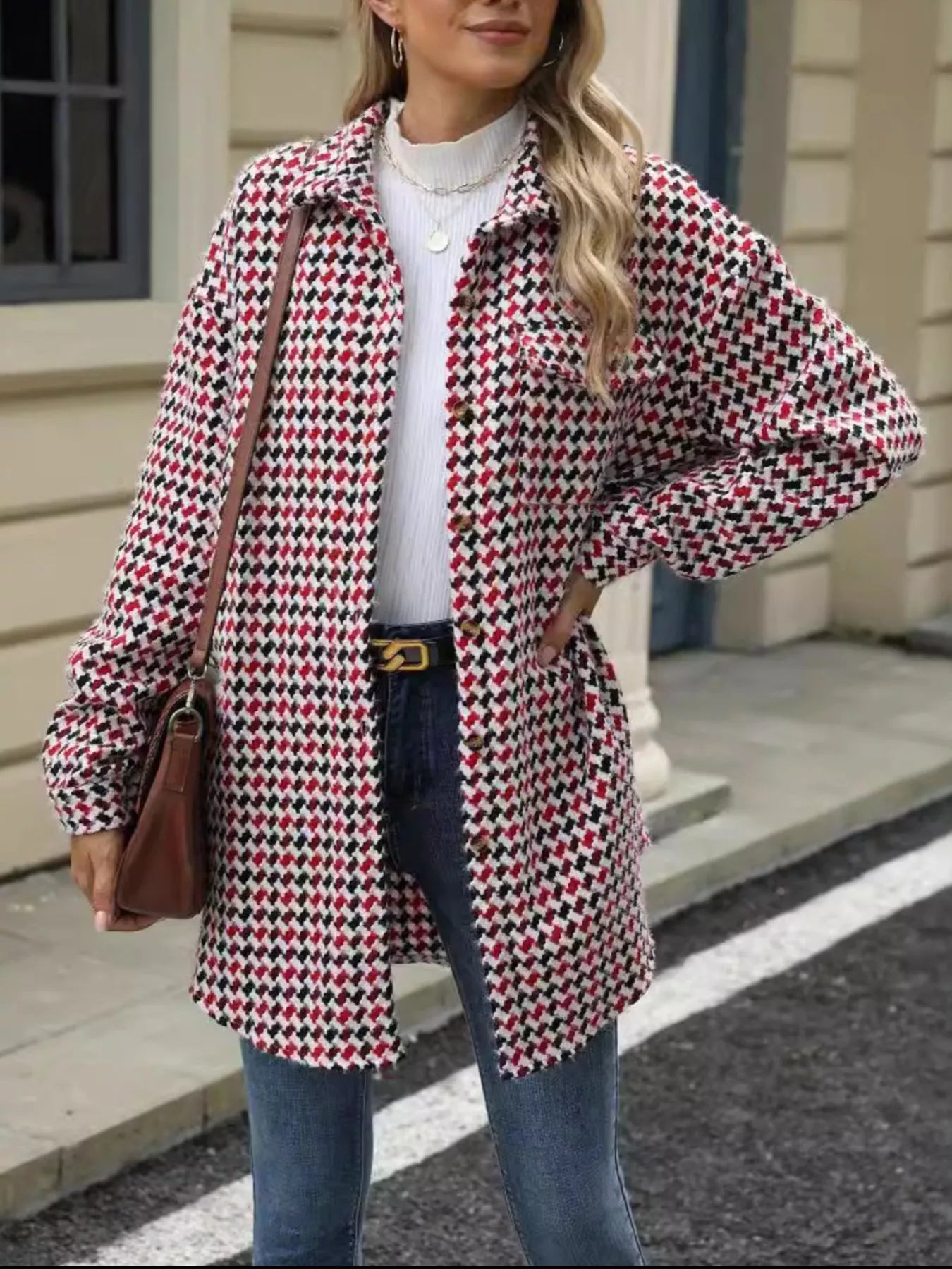 Houndstooth Button Up Long Sleeve Coat-Jacket-Krush Kandy, Women's Online Fashion Boutique Located in Phoenix, Arizona (Scottsdale Area)