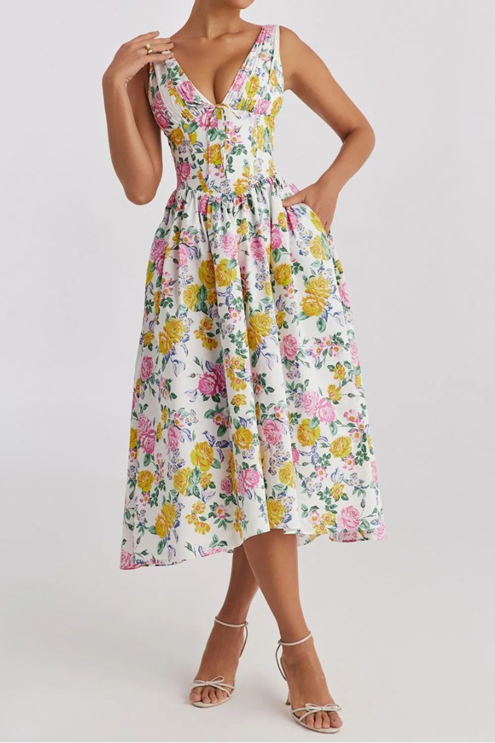 Floral V-Neck Sleeveless Midi Dress with Pockets-Dresses-Krush Kandy, Women's Online Fashion Boutique Located in Phoenix, Arizona (Scottsdale Area)