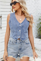 Button Down V-Neck Denim Vest-Krush Kandy, Women's Online Fashion Boutique Located in Phoenix, Arizona (Scottsdale Area)