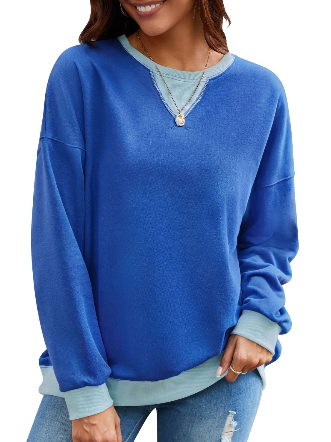 Lovelet Contrast Round Neck Long Sleeve Sweatshirt-Krush Kandy, Women's Online Fashion Boutique Located in Phoenix, Arizona (Scottsdale Area)