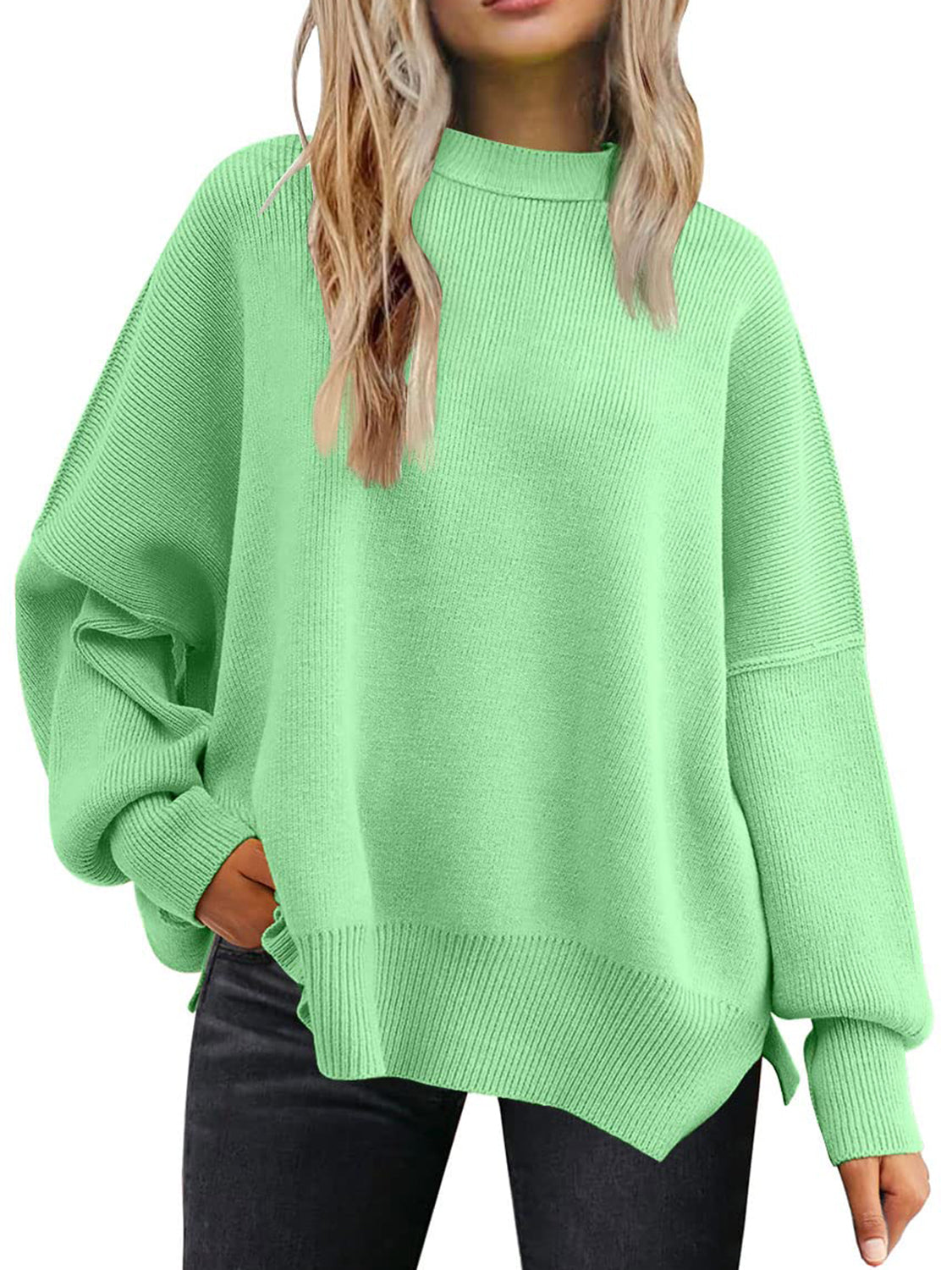 Slit Round Neck Dropped Shoulder Sweater-Krush Kandy, Women's Online Fashion Boutique Located in Phoenix, Arizona (Scottsdale Area)