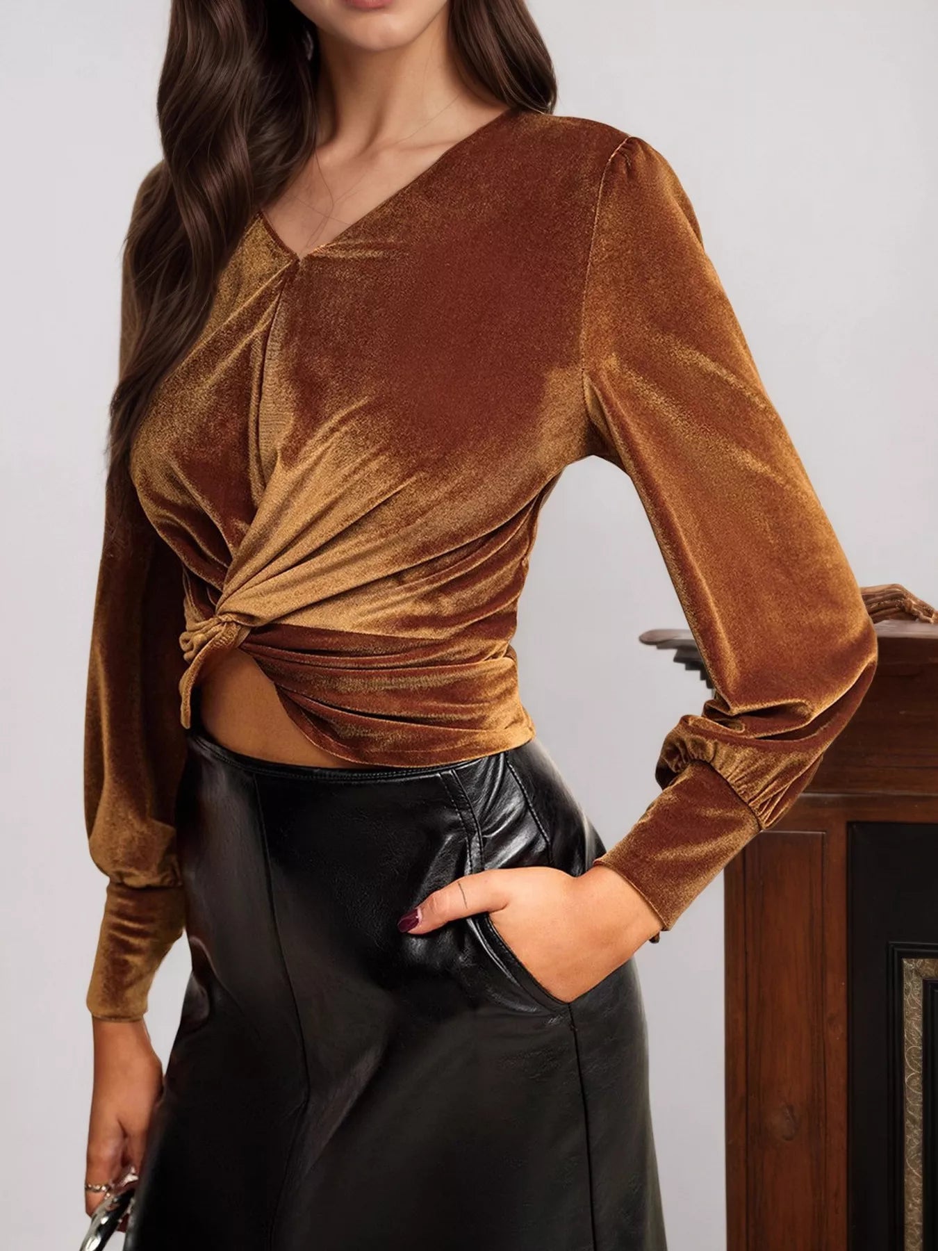 Twisted V-Neck Long Sleeve Blouse-Tops-Krush Kandy, Women's Online Fashion Boutique Located in Phoenix, Arizona (Scottsdale Area)