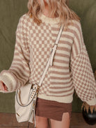 Stripe Checkerboard Drop Shoulder Balloon Sleeve Sweater-Sweaters-Krush Kandy, Women's Online Fashion Boutique Located in Phoenix, Arizona (Scottsdale Area)