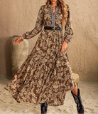 Ruched Printed Notched Long Sleeve Maxi Dress-Dresses-Krush Kandy, Women's Online Fashion Boutique Located in Phoenix, Arizona (Scottsdale Area)