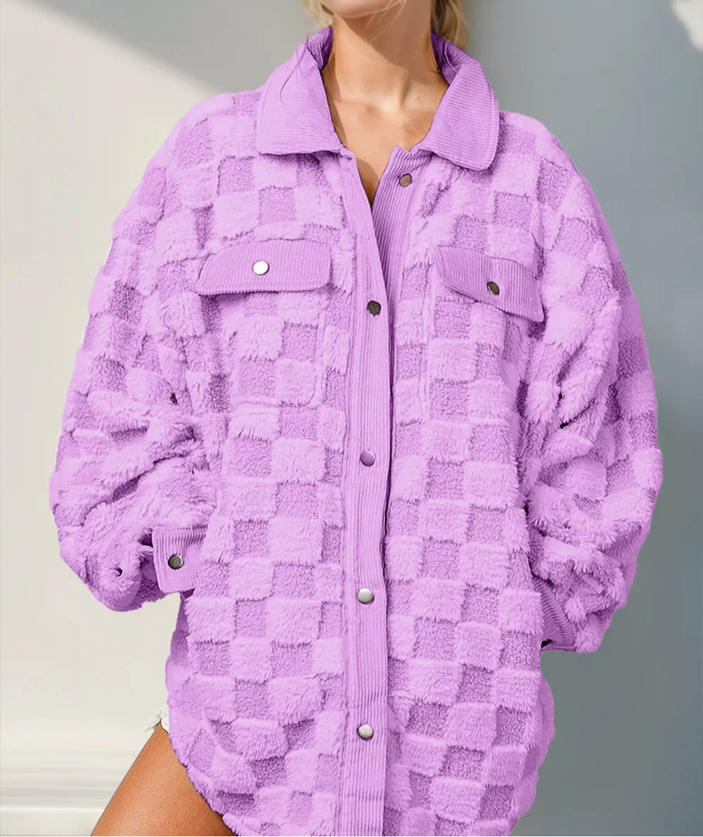 Double Take Button Up Fuzzy Checkered Shacket-Jacket-Krush Kandy, Women's Online Fashion Boutique Located in Phoenix, Arizona (Scottsdale Area)