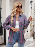 Mandy Pocketed Plaid Collared Neck Long Sleeve Shirt-Krush Kandy, Women's Online Fashion Boutique Located in Phoenix, Arizona (Scottsdale Area)