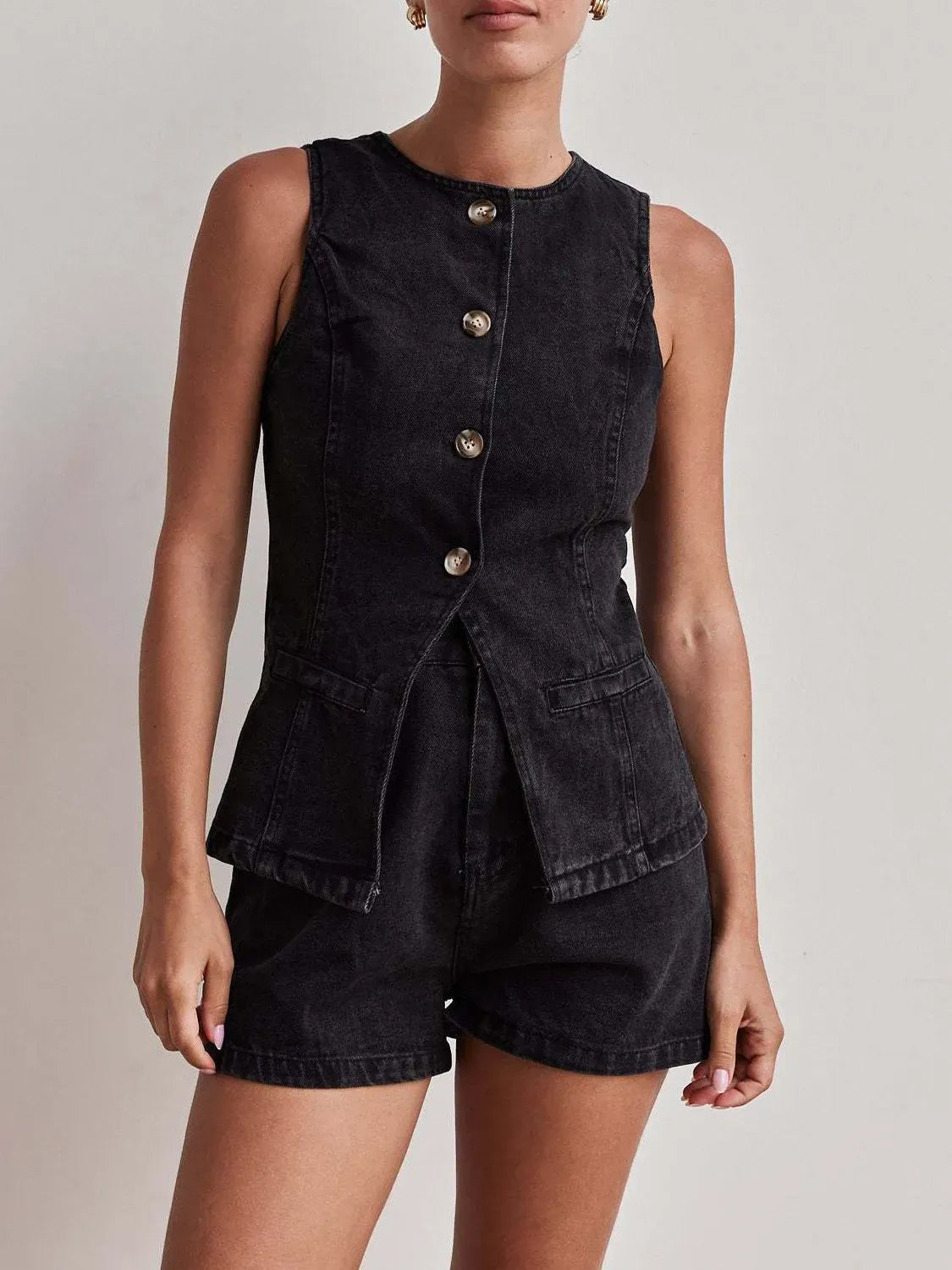 Button Down Vest and Shorts Denim Set-2 Piece Outfit Sets-Krush Kandy, Women's Online Fashion Boutique Located in Phoenix, Arizona (Scottsdale Area)