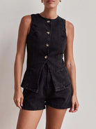 Button Down Vest and Shorts Denim Set-2 Piece Outfit Sets-Krush Kandy, Women's Online Fashion Boutique Located in Phoenix, Arizona (Scottsdale Area)