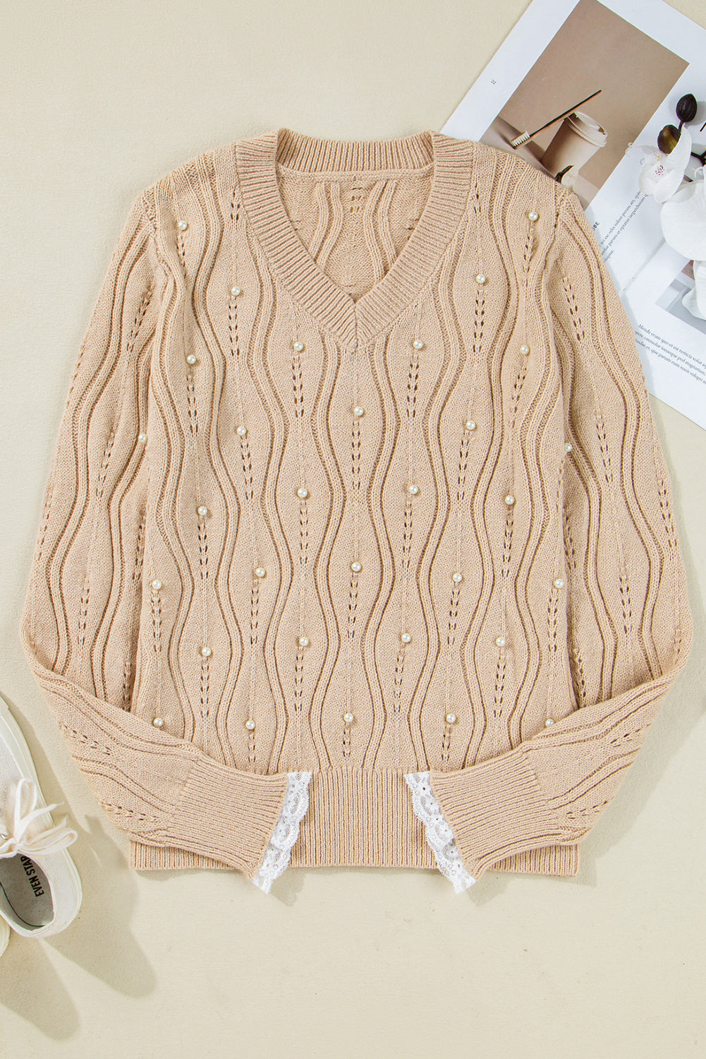 Pearl Embellished Knit Sweater with Lace Cuffs | Krush Kandy Boutique