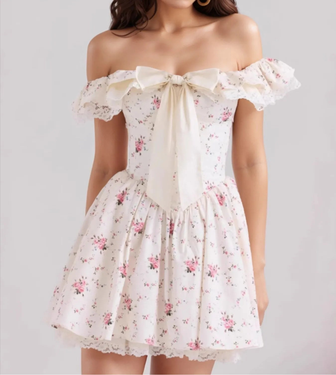 Off-Shoulder Floral Lace Trim Mini Dress