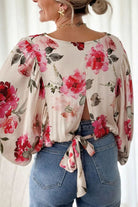 Tied Floral Round Neck Three-Quarter Sleeve Blouse-Tops-Krush Kandy, Women's Online Fashion Boutique Located in Phoenix, Arizona (Scottsdale Area)