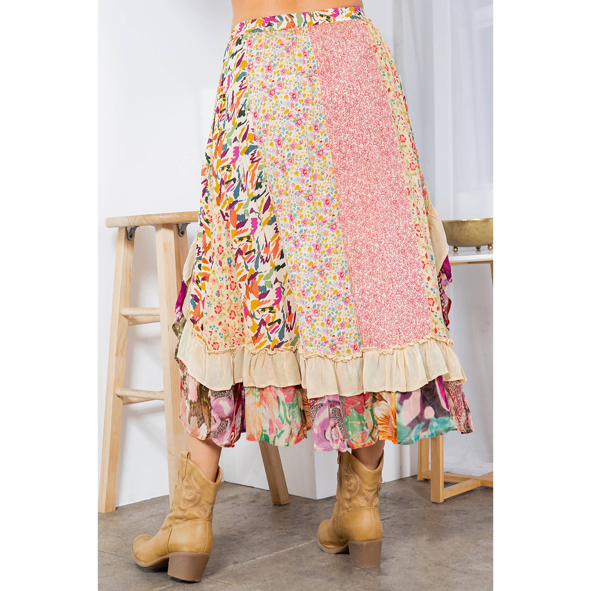 Whimsical Harmony Patchwork Midi Skirt-Skirts-Krush Kandy, Women's Online Fashion Boutique Located in Phoenix, Arizona (Scottsdale Area)