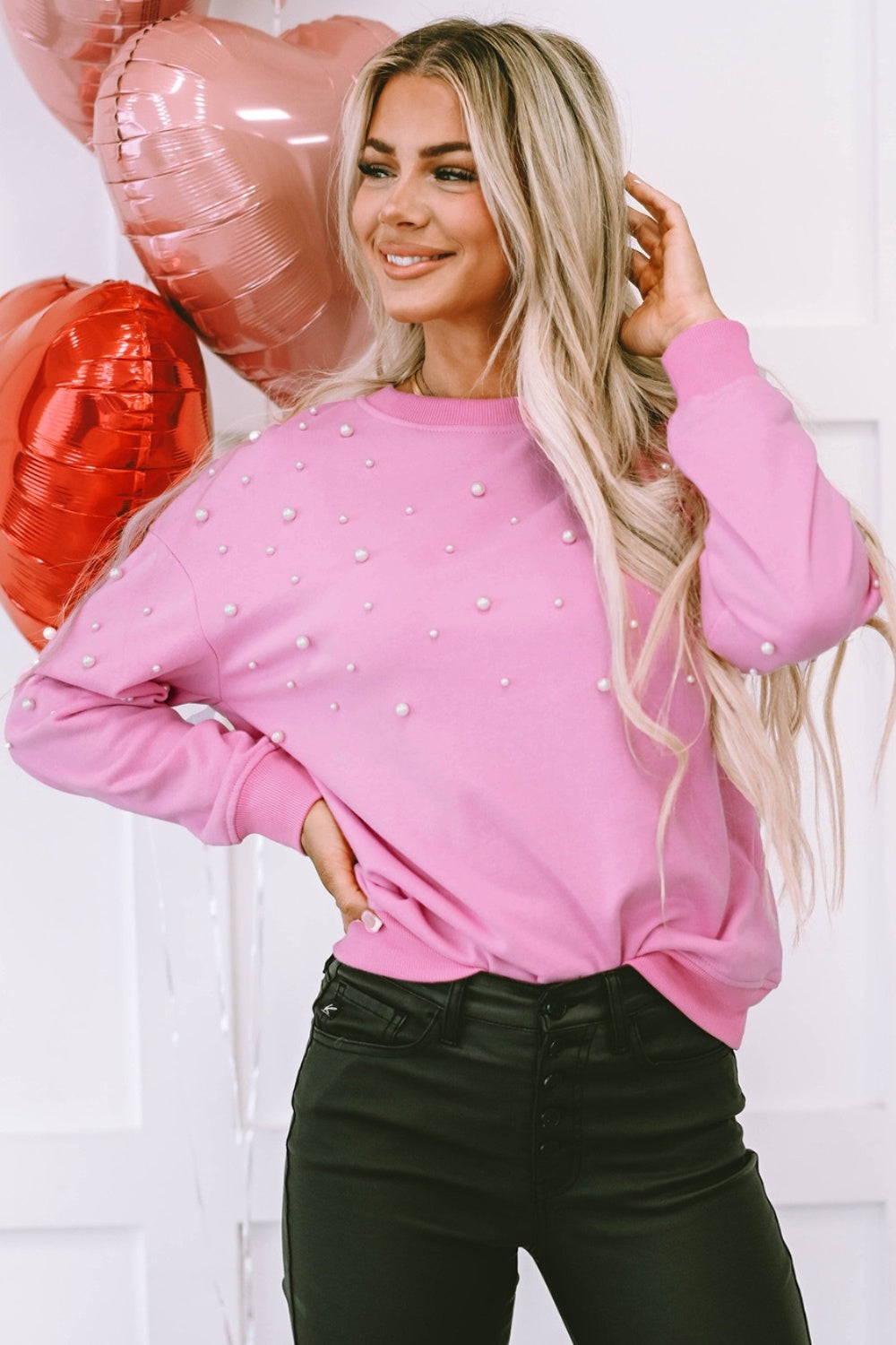 Pearl Round Neck Dropped Shoulder Sweatshirt-Sweaters-Krush Kandy, Women's Online Fashion Boutique Located in Phoenix, Arizona (Scottsdale Area)