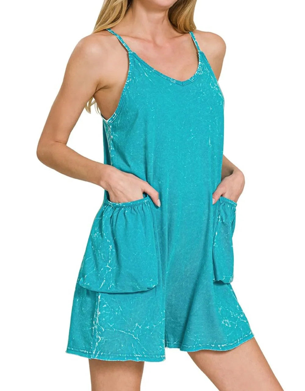 Zenana Acid Crinkle Washed Spaghetti Strap Romper-Jumpsuits & Rompers-Krush Kandy, Women's Online Fashion Boutique Located in Phoenix, Arizona (Scottsdale Area)