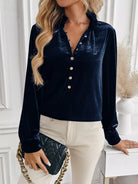 Velvet Button Front Long Sleeve Blouse-Tops-Krush Kandy, Women's Online Fashion Boutique Located in Phoenix, Arizona (Scottsdale Area)