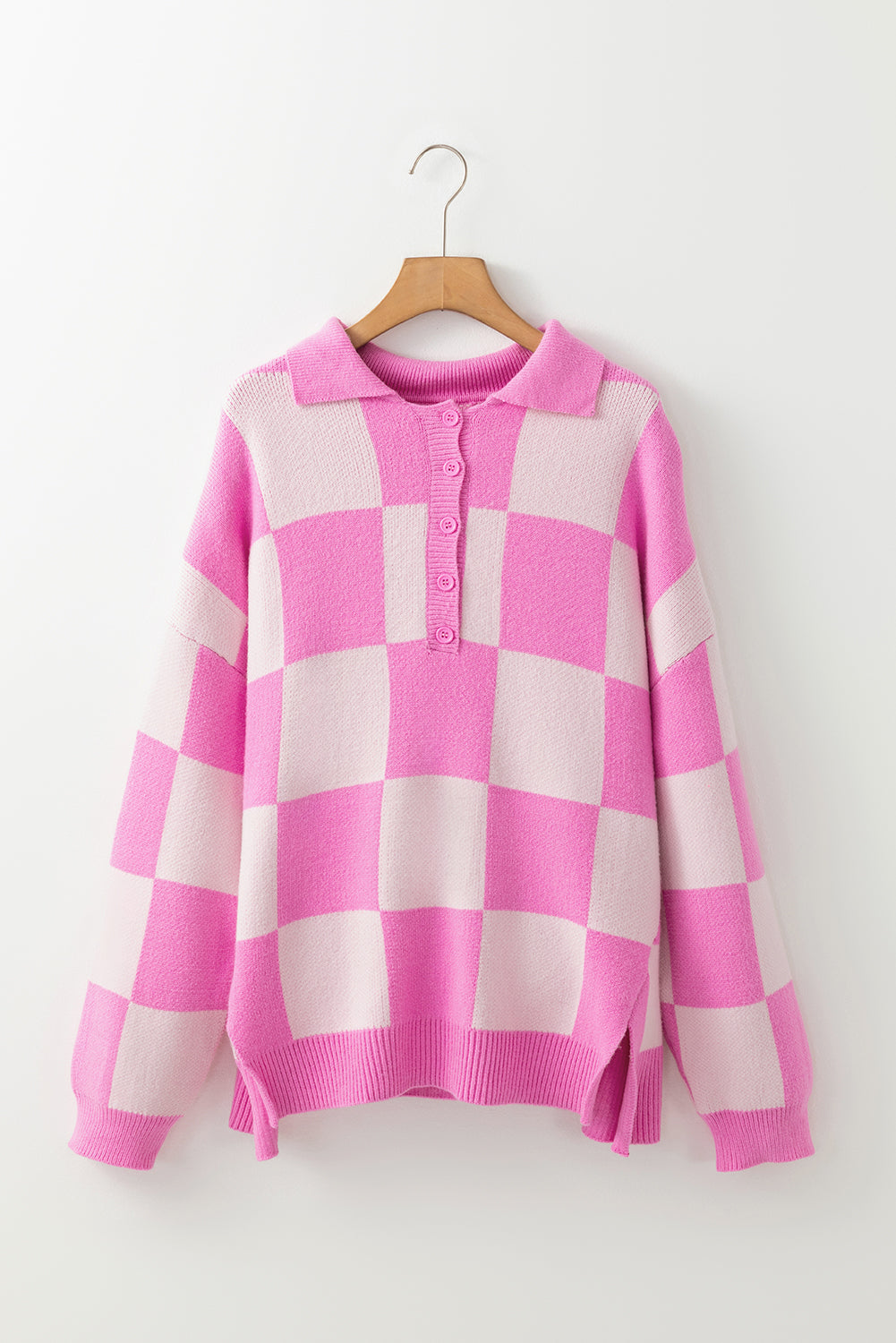 Bubblegum Check Henley Sweater-Sweaters-Krush Kandy, Women's Online Fashion Boutique Located in Phoenix, Arizona (Scottsdale Area)