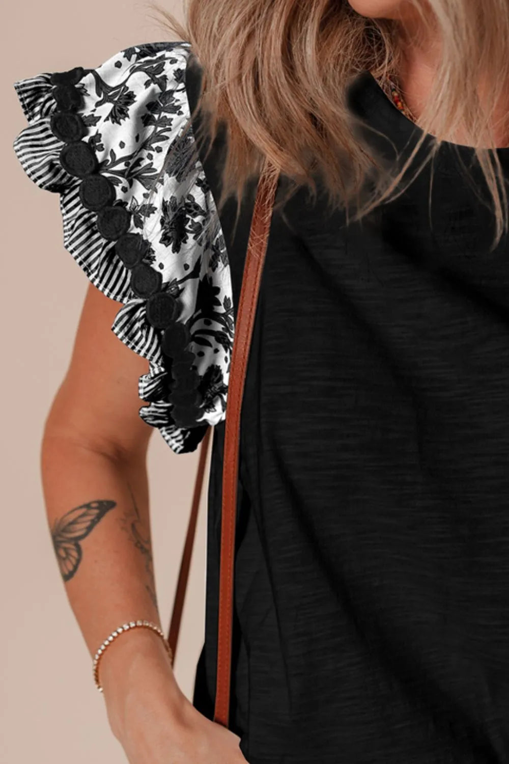 Round Neck Printed Ruffled Cap Sleeve Blouse-Tops-Krush Kandy, Women's Online Fashion Boutique Located in Phoenix, Arizona (Scottsdale Area)