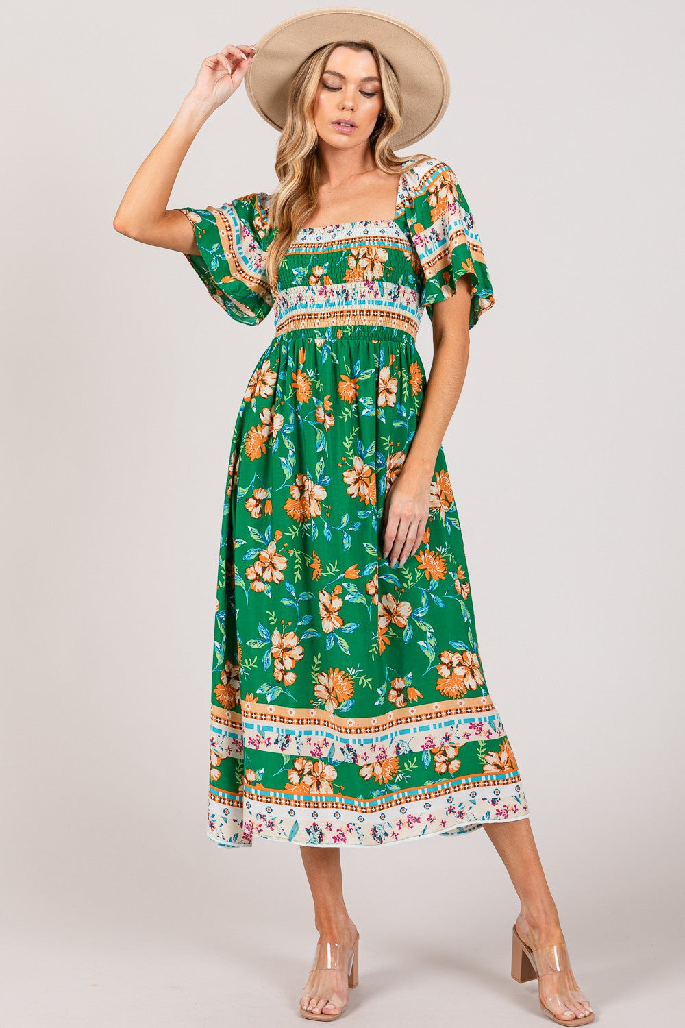 SAGE + FIG Printed Smocked Short Sleeve Midi Dress-Krush Kandy, Women's Online Fashion Boutique Located in Phoenix, Arizona (Scottsdale Area)