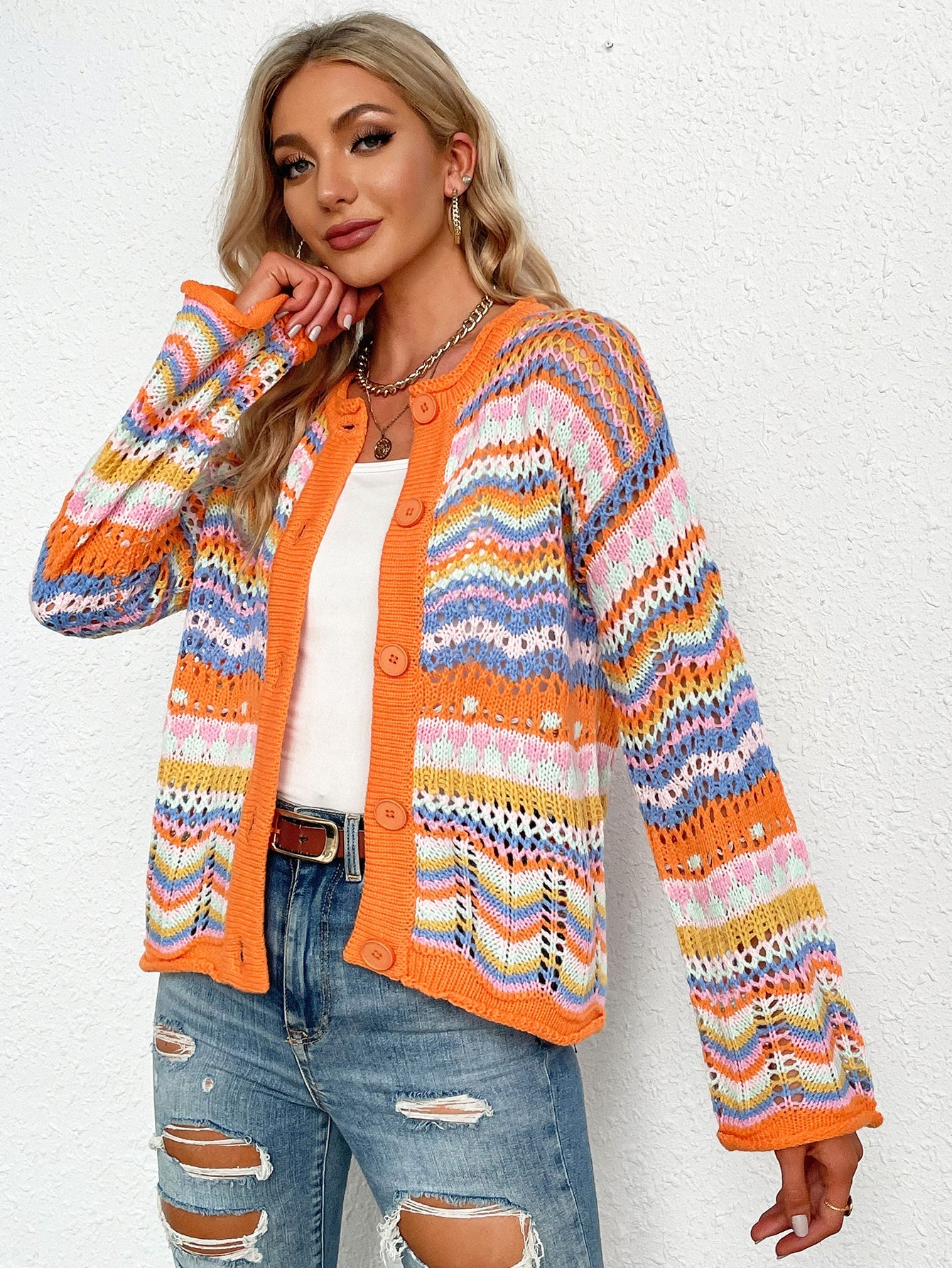 Chevron Stripes Openwork Cardigan-Cardigans-Krush Kandy, Women's Online Fashion Boutique Located in Phoenix, Arizona (Scottsdale Area)