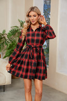 Plaid Print Tie Waist Collared Neck Shirt Dress-Dresses-Krush Kandy, Women's Online Fashion Boutique Located in Phoenix, Arizona (Scottsdale Area)