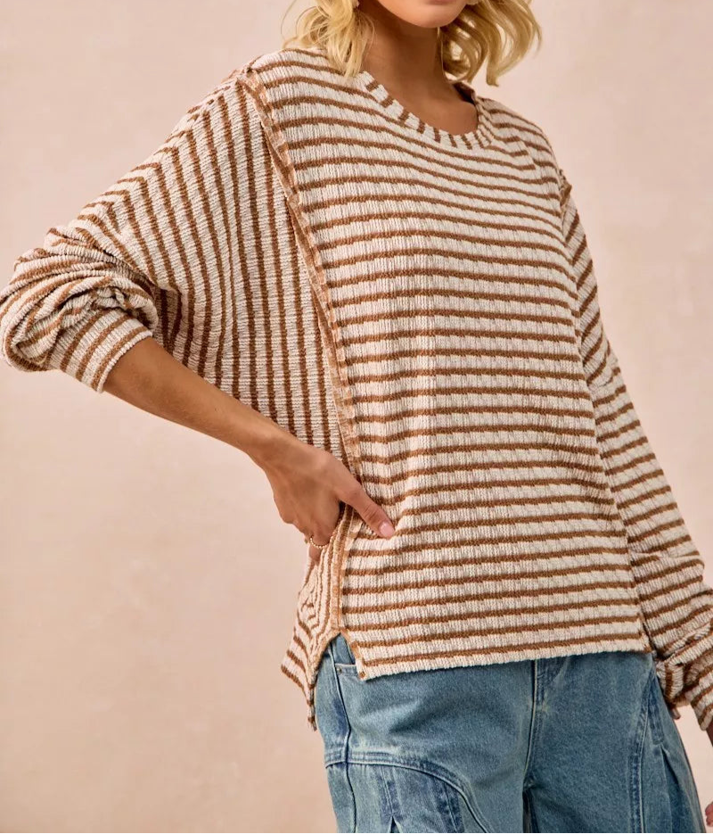 BiBi Open Seam Detail Textured Stripe Knit Top-Sweaters-Krush Kandy, Women's Online Fashion Boutique Located in Phoenix, Arizona (Scottsdale Area)