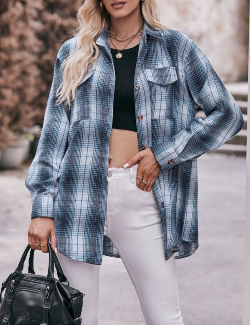 Plaid Dropped Shoulder Longline Shirt-Long Sleeve Tops-Krush Kandy, Women's Online Fashion Boutique Located in Phoenix, Arizona (Scottsdale Area)