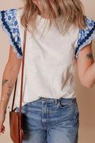 Round Neck Printed Ruffled Cap Sleeve Blouse-Tops-Krush Kandy, Women's Online Fashion Boutique Located in Phoenix, Arizona (Scottsdale Area)