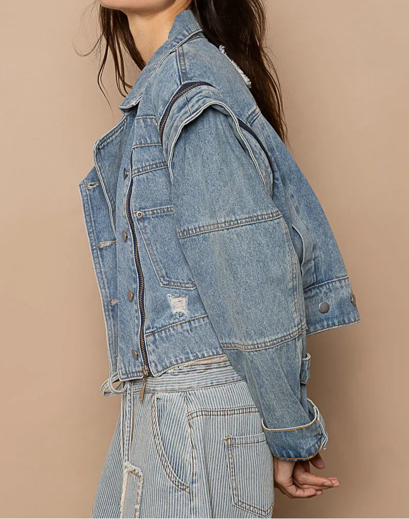 POL Cropped Denim Jacket with Functional Zipper Detail-Jacket-Krush Kandy, Women's Online Fashion Boutique Located in Phoenix, Arizona (Scottsdale Area)