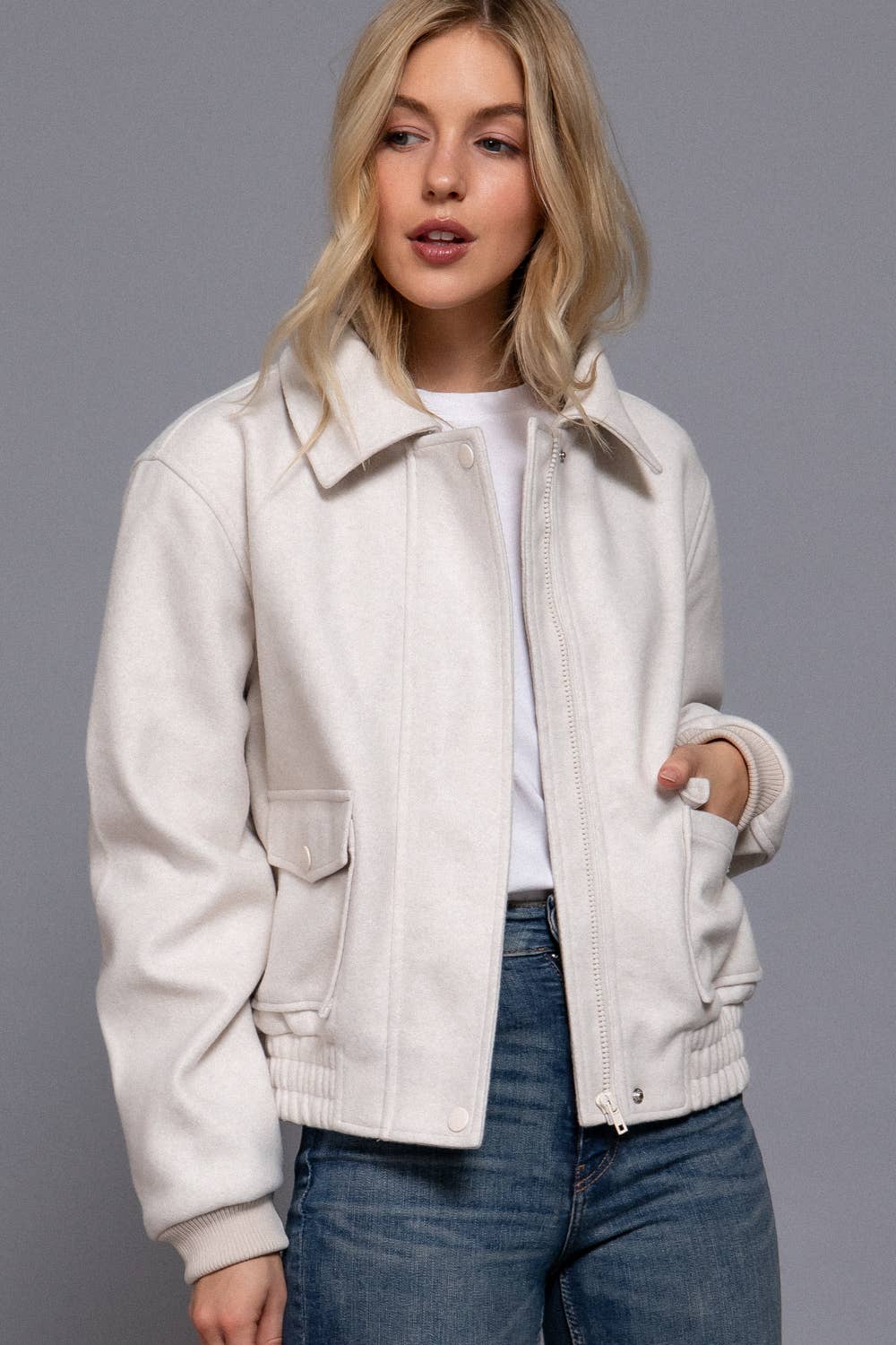 Long Sleeve Lapel Collar Soft Felt Bomber Jacket-Jackets-Krush Kandy, Women's Online Fashion Boutique Located in Phoenix, Arizona (Scottsdale Area)