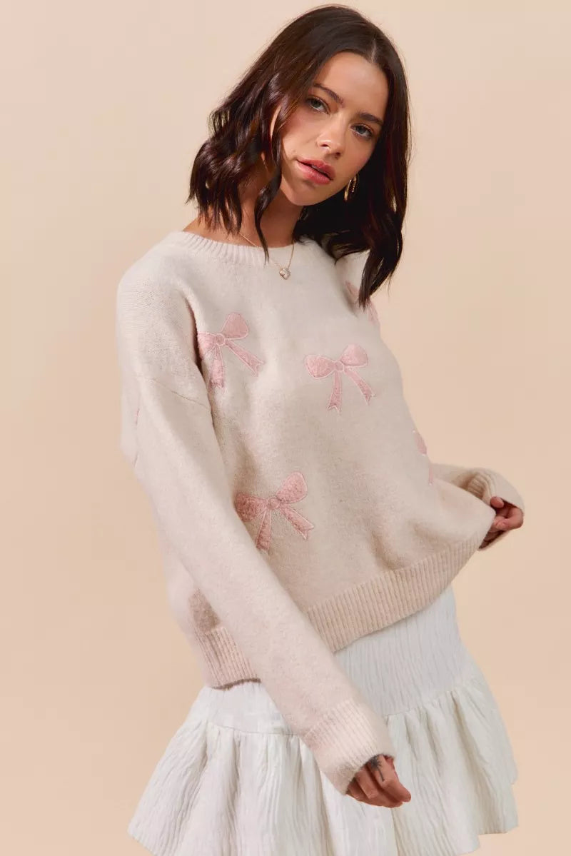 SO ME Embroidered Ribbon Round Neck Sweater-Sweaters-Krush Kandy, Women's Online Fashion Boutique Located in Phoenix, Arizona (Scottsdale Area)