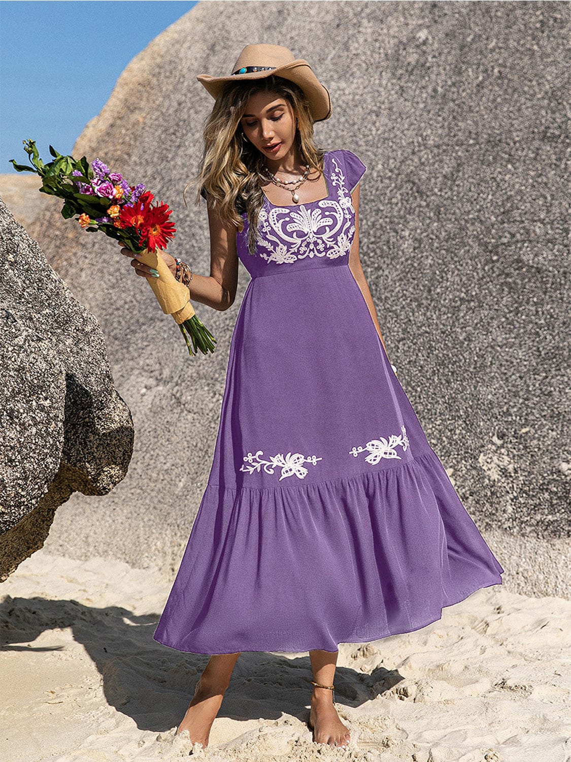Embroidered Square Neck Ruffle Hem Dress-Krush Kandy, Women's Online Fashion Boutique Located in Phoenix, Arizona (Scottsdale Area)