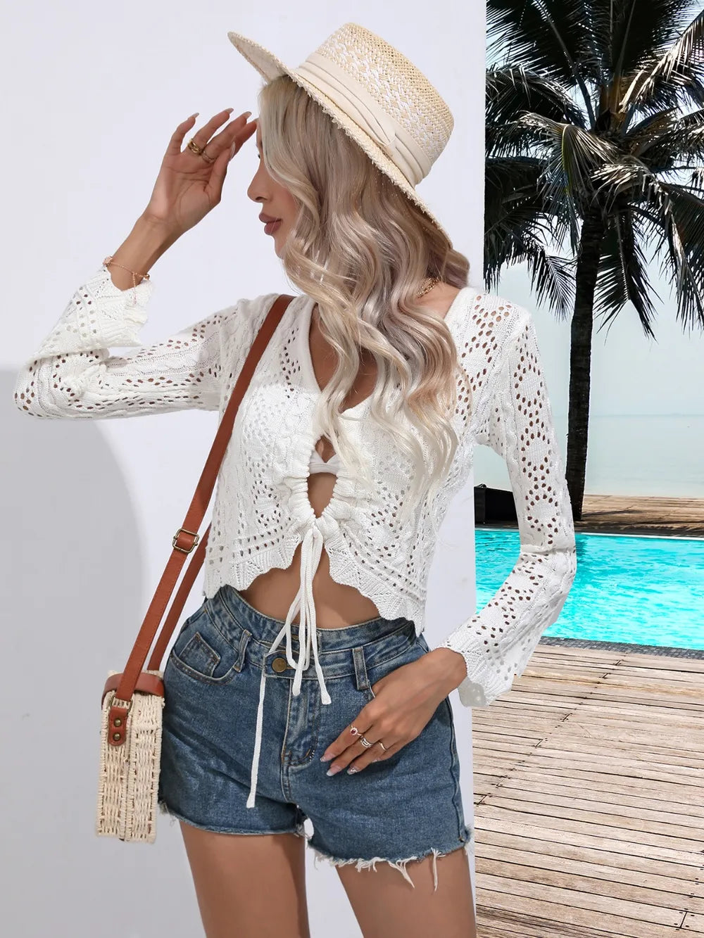 Openwork Drawstring V-Neck Long Sleeve Cover-Up-Tops-Krush Kandy, Women's Online Fashion Boutique Located in Phoenix, Arizona (Scottsdale Area)