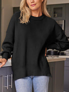 Slit Round Neck Dropped Shoulder Sweater-Krush Kandy, Women's Online Fashion Boutique Located in Phoenix, Arizona (Scottsdale Area)