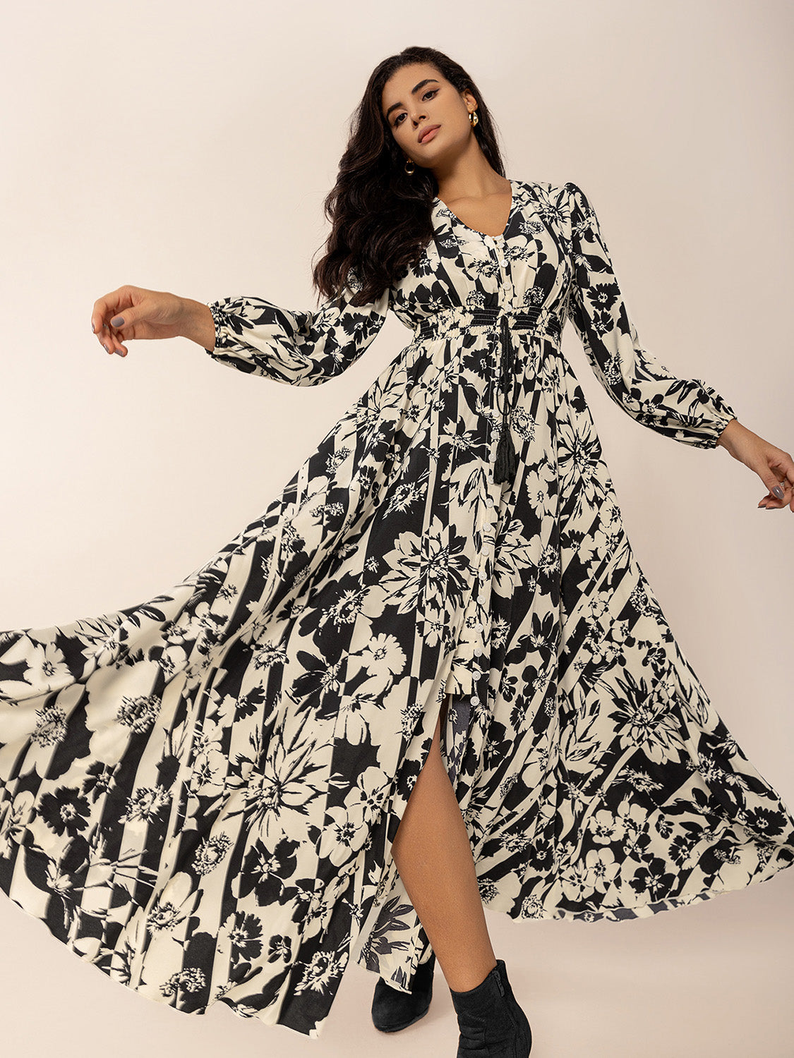 Tied Printed V-Neck Long Sleeve Midi Dress-Krush Kandy, Women's Online Fashion Boutique Located in Phoenix, Arizona (Scottsdale Area)