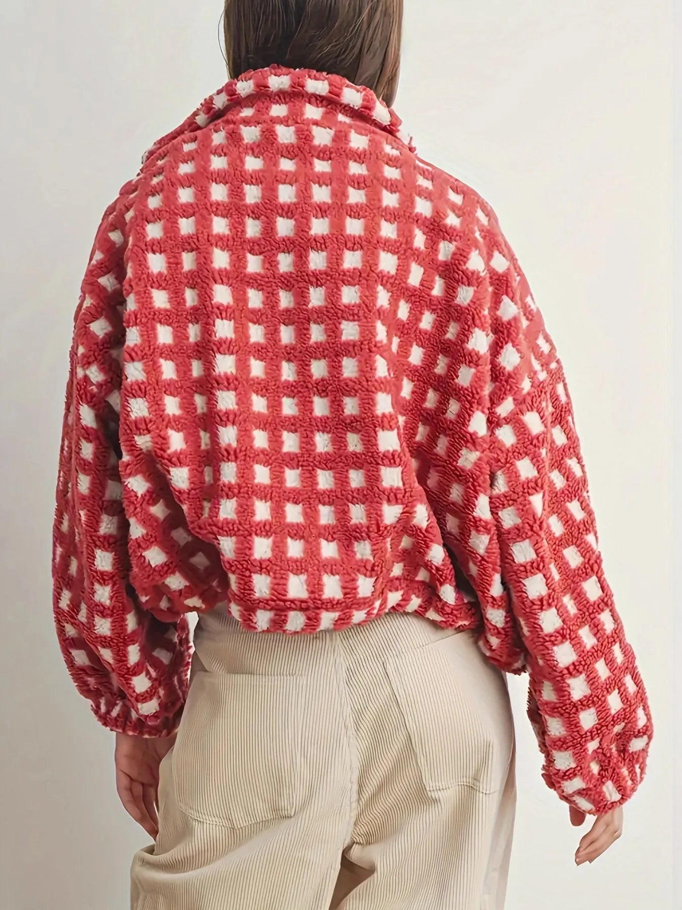 Fleece Checkered Puff Sleeve Bomber Jacket-Jacket-Krush Kandy, Women's Online Fashion Boutique Located in Phoenix, Arizona (Scottsdale Area)