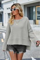 High-Low Slit Round Neck Long Sleeve Sweater-Krush Kandy, Women's Online Fashion Boutique Located in Phoenix, Arizona (Scottsdale Area)