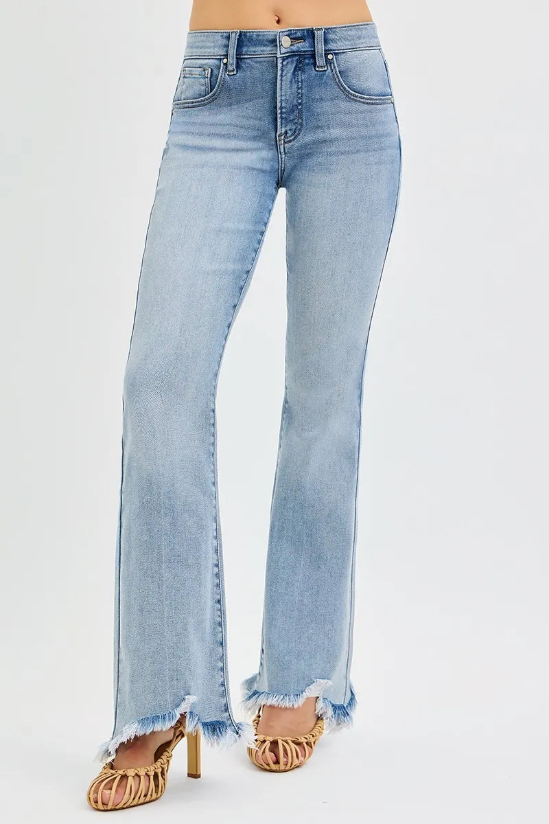 RISEN Full Size Tummy Control Mid Rise Flare Jeans with Fray Hem Detailed Plus Size-Jeans-Krush Kandy, Women's Online Fashion Boutique Located in Phoenix, Arizona (Scottsdale Area)