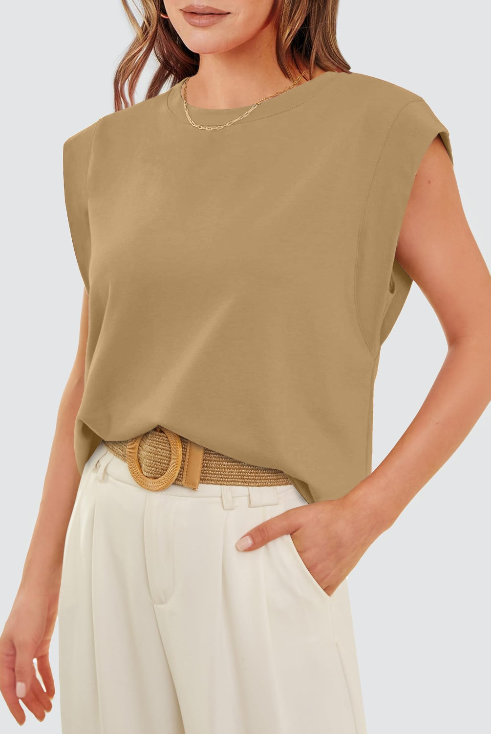 Tan View. Round Neck Cap Sleeve Tank-Krush Kandy, Women's Online Fashion Boutique Located in Phoenix, Arizona (Scottsdale Area)