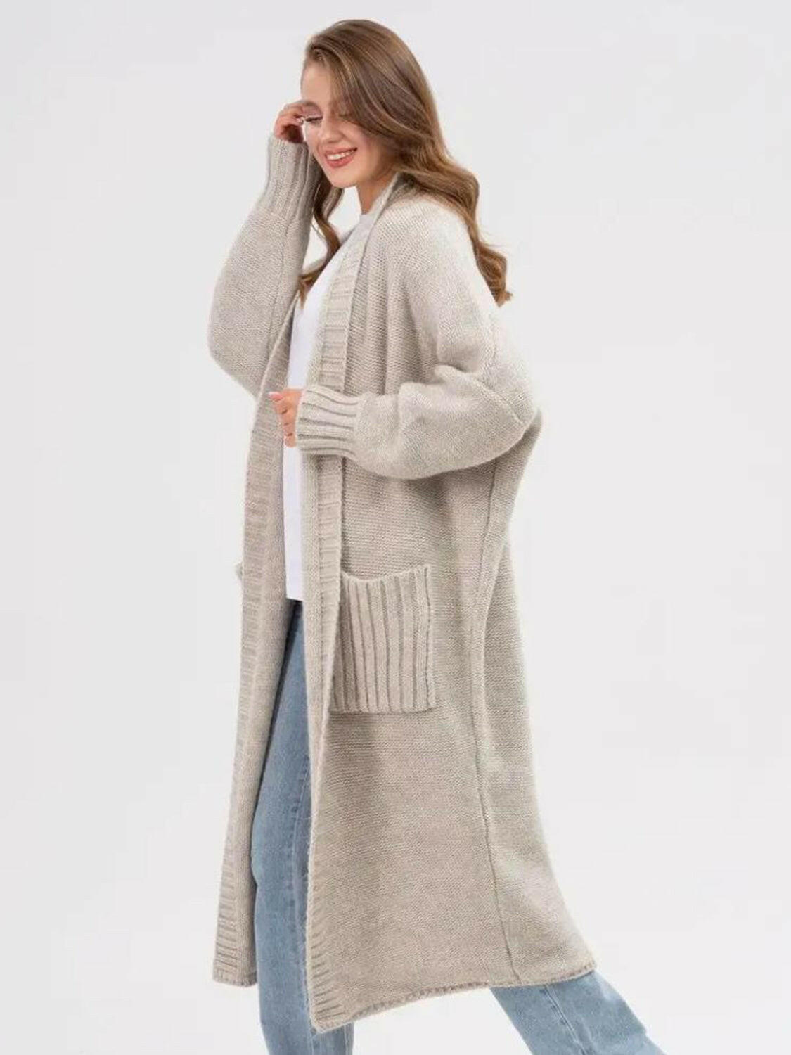 Pocketed Longline Cardigan with Open Front and Long Sleeves