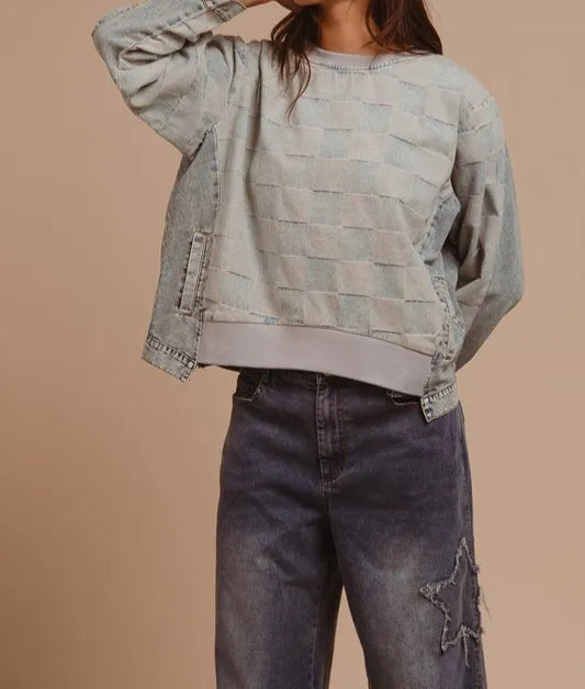 BiBi Mineral Washed Checkered Round Neck Denim Top-Sweater-Krush Kandy, Women's Online Fashion Boutique Located in Phoenix, Arizona (Scottsdale Area)